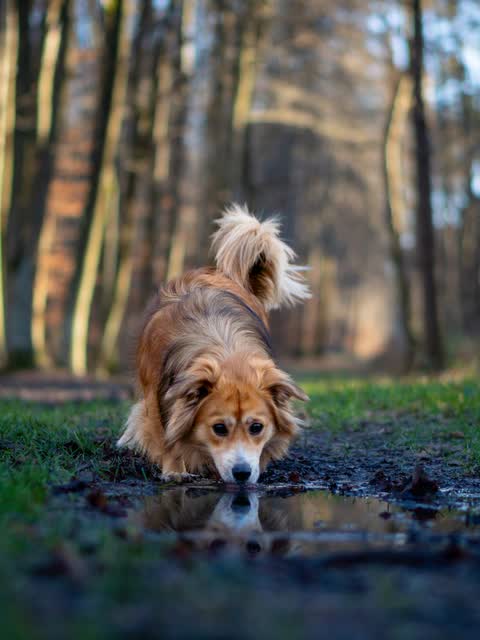 A dog nose to the surface of a woodland puddle, its reflection under it
